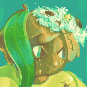 A digital painting of my oc Peach, a fruit inspired plush person, picking stuffing out of their head.